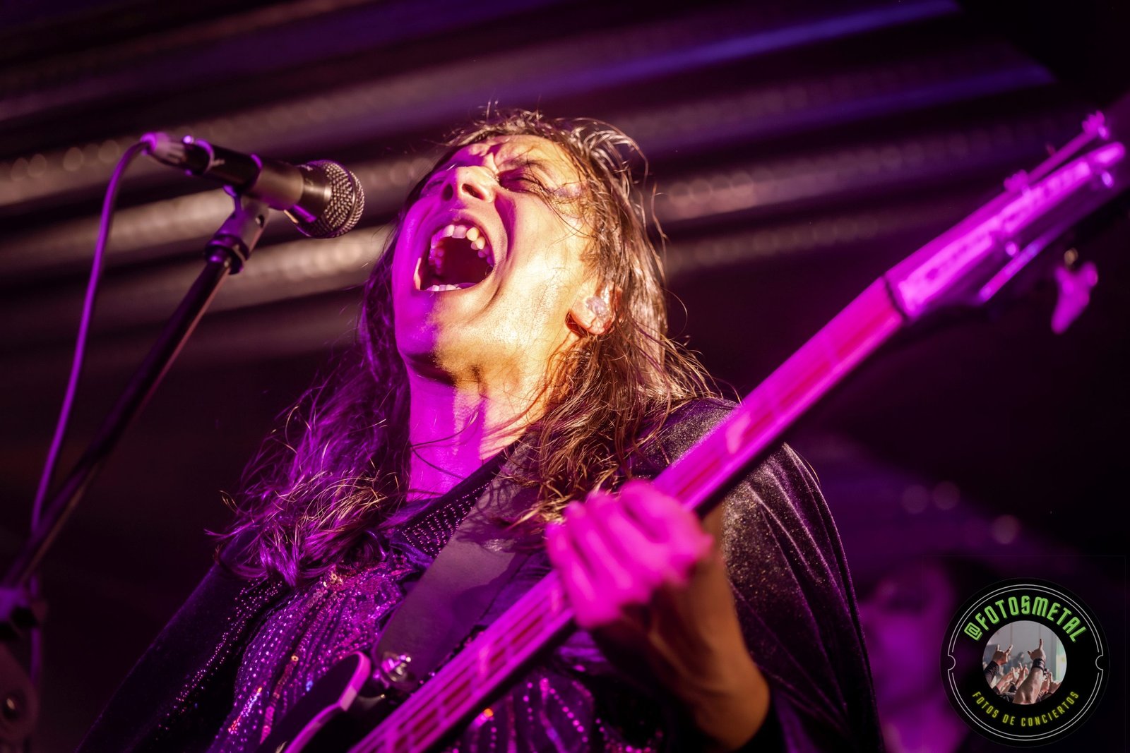 Músico con cabello largo cantando y tocando bajo eléctrico en escenario con luces púrpuras.